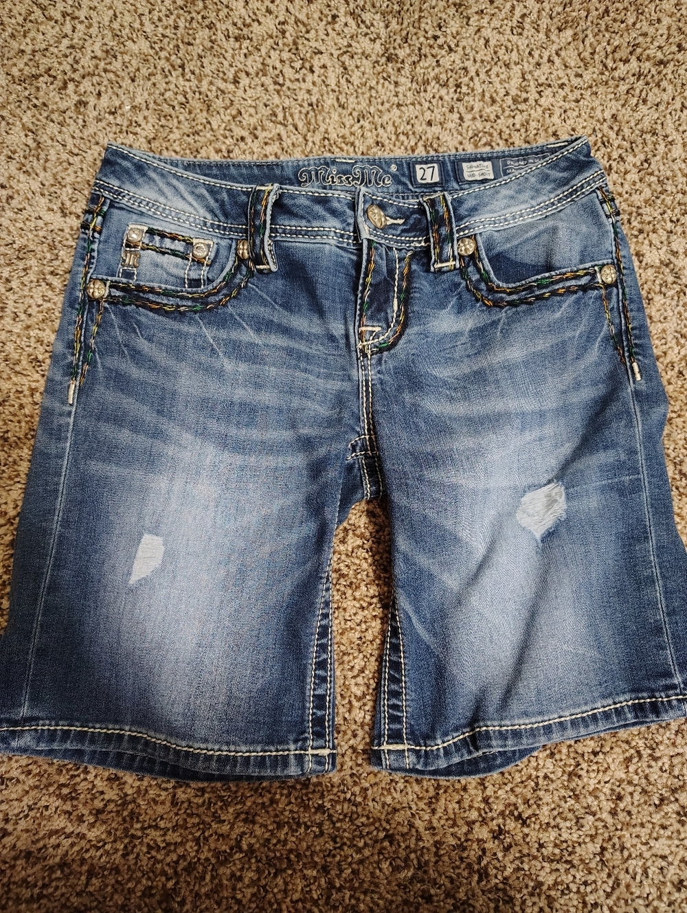 Miss Me Blue Washed Denim Bermuda Shorts with Braided Trim